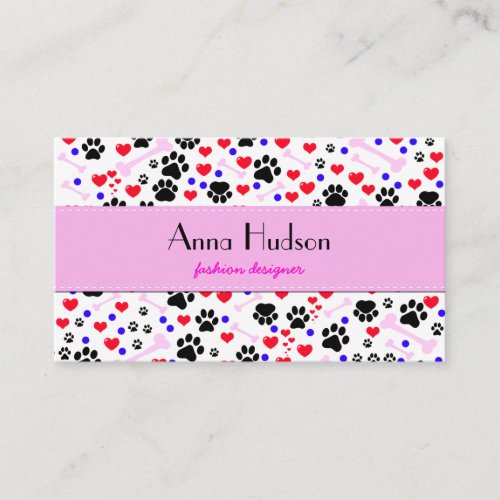 Dog Trails Paws Bones Dots Hearts Red Pink Blue Business Card Template