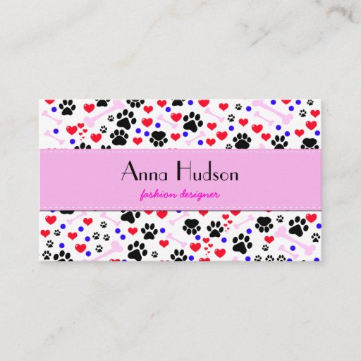Customizable Dog Trails Paws Bones Dots Hearts Red Pink Blue Business Card Template