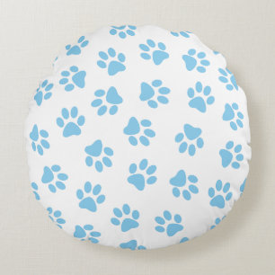 Pattern Of Paws, Dog Paws, Baby Blue Paws Round Pillow