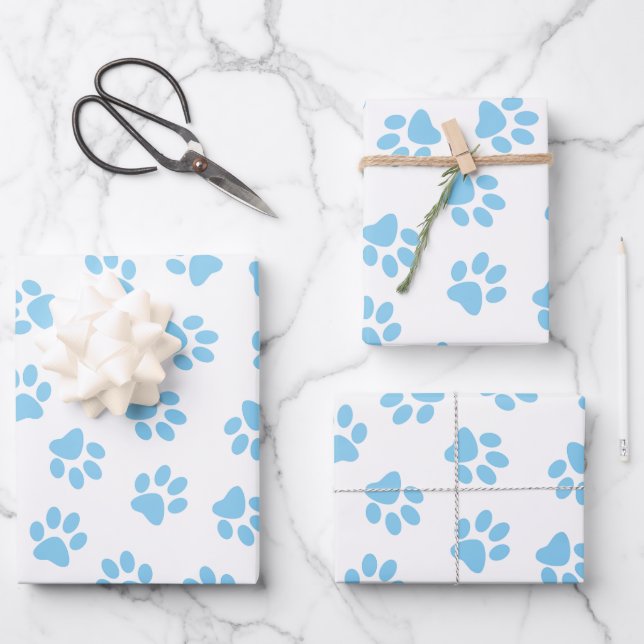 Pattern Of Paws, Dog Paws, Baby Blue Paws Wrapping Paper Sheets (Front)