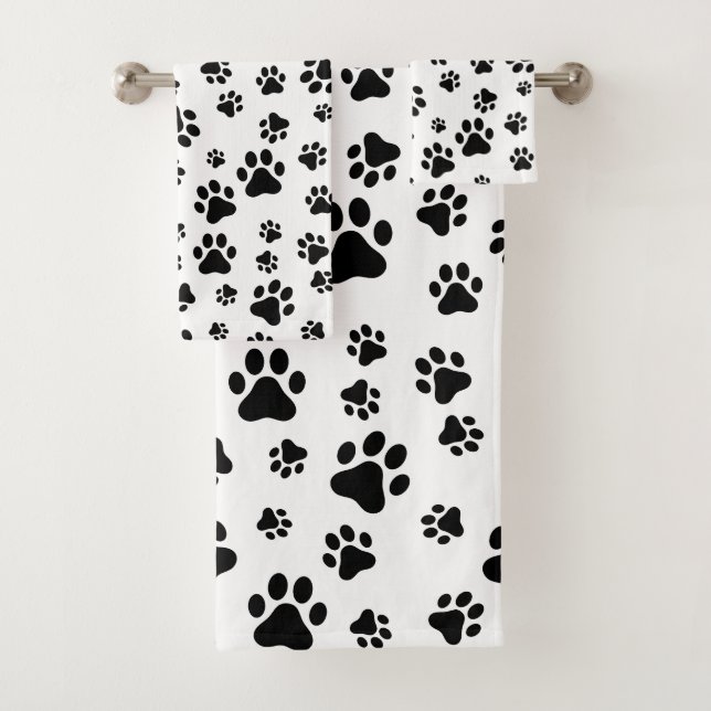 Pattern Of Paws, Dog Paws, Black and White Bath Towel Set (Insitu)