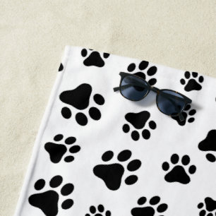 Pattern Of Paws, Dog Paws, Black and White Beach Towel
