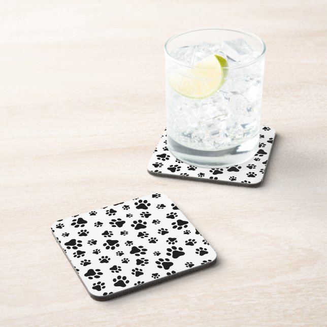 Pattern Of Paws, Dog Paws, Black and White Beverage Coaster (Right Side)