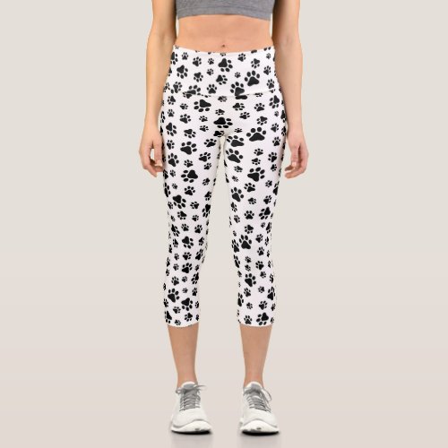 Pattern Of Paws Dog Paws Black and White Capri Leggings