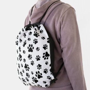 Pattern Of Paws, Dog Paws, Black and White Drawstring Bag