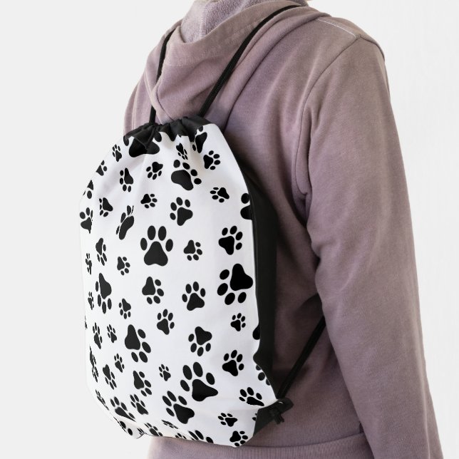 Pattern Of Paws, Dog Paws, Black and White Drawstring Bag (Insitu)