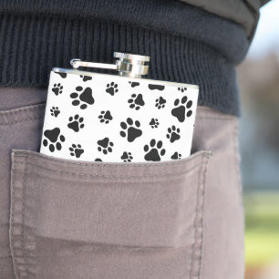 Pattern Of Paws, Dog Paws, Black and White Flask