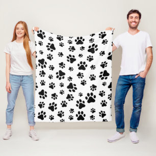 Pattern Of Paws, Dog Paws, Black and White Fleece Blanket