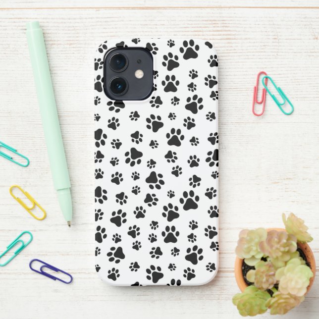 Pattern Of Paws, Dog Paws, Black and White iPhone Case (On Desk)