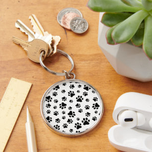Pattern Of Paws, Dog Paws, Black and White Keychain