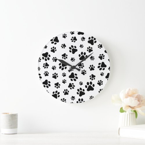 Pattern Of Paws Dog Paws Black and White Large Clock