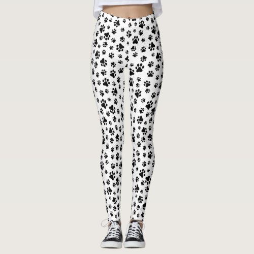 Pattern Of Paws Dog Paws Black and White Leggings