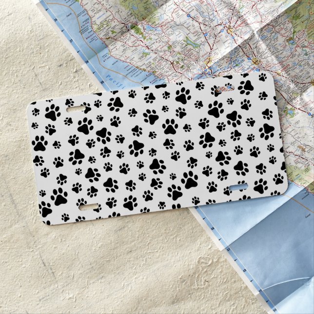 Pattern Of Paws, Dog Paws, Black and White License Plate (In Situ)
