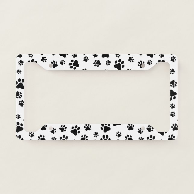 Pattern Of Paws, Dog Paws, Black and White License Plate Frame (Front)