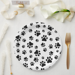 Pattern Of Paws, Dog Paws, Black and White Paper Plates