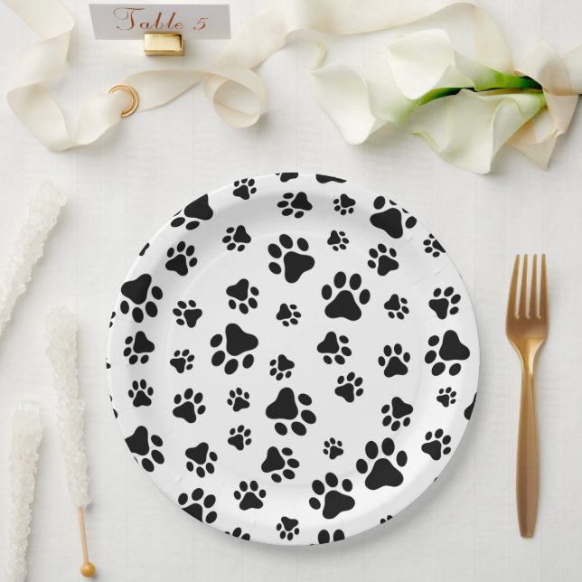 Pattern Of Paws, Dog Paws, Black and White Paper Plates (Wedding)