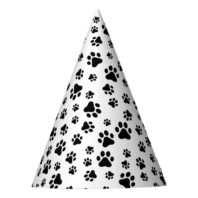 Pattern Of Paws, Dog Paws, Black and White Party Hat (Front)