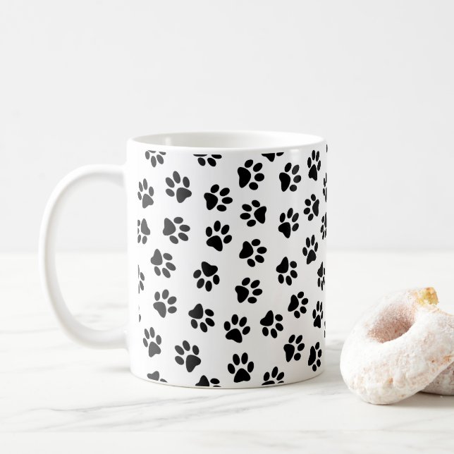 Pattern Of Paws, Dog Paws, Black Paws Coffee Mug (With Donut)
