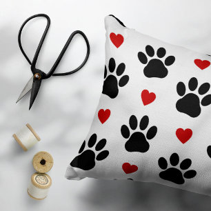 Pattern Of Paws, Dog Paws, Black Paws, Red Hearts Accent Pillow