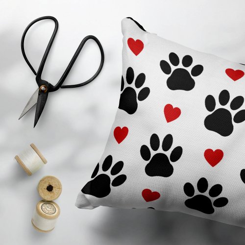Pattern Of Paws Dog Paws Black Paws Red Hearts Accent Pillow