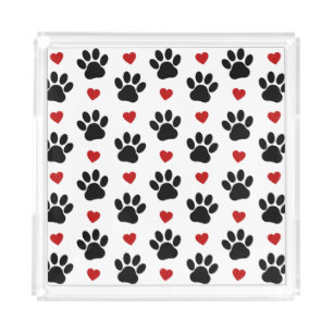 Pattern Of Paws, Dog Paws, Black Paws, Red Hearts Acrylic Tray