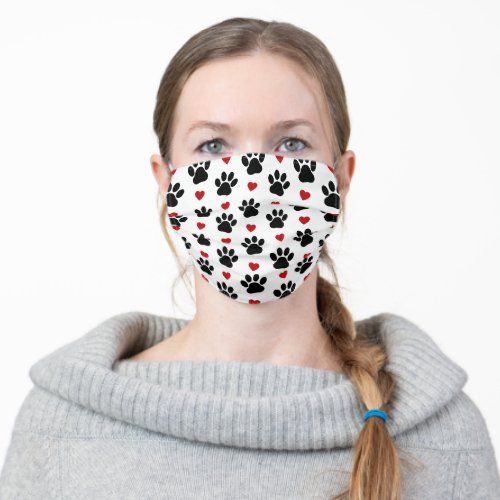 Pattern Of Paws Dog Paws Black Paws Red Hearts Adult Cloth Face Mask