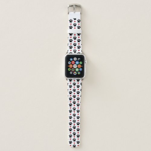 Pattern Of Paws Dog Paws Black Paws Red Hearts Apple Watch Band