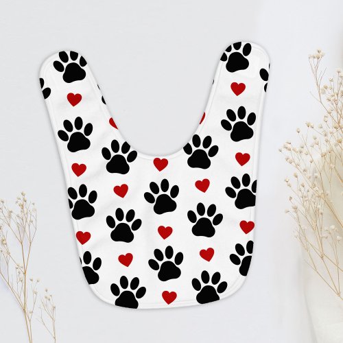 Pattern Of Paws Dog Paws Black Paws Red Hearts Baby Bib