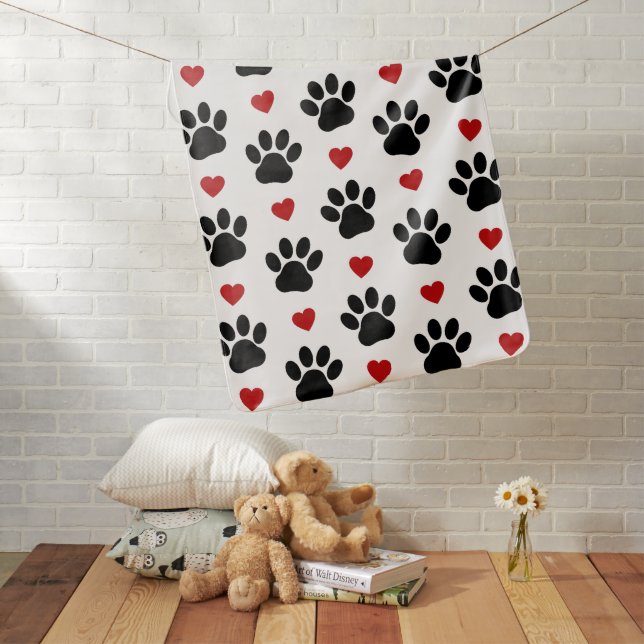 Pattern Of Paws, Dog Paws, Black Paws, Red Hearts Baby Blanket (In Situ)