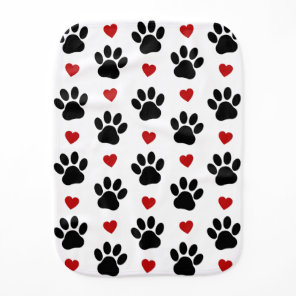 Pattern Of Paws, Dog Paws, Black Paws, Red Hearts Baby Burp Cloth