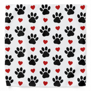 Pattern Of Paws, Dog Paws, Black Paws, Red Hearts Bandana
