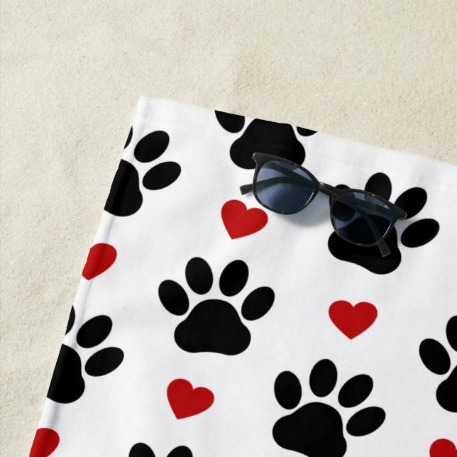 Pattern Of Paws, Dog Paws, Black Paws, Red Hearts Beach Towel (In Situ)