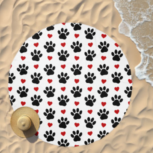 Pattern Of Paws, Dog Paws, Black Paws, Red Hearts Beach Towel