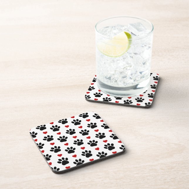 Pattern Of Paws, Dog Paws, Black Paws, Red Hearts Beverage Coaster (Right Side)