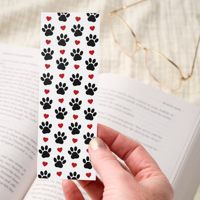 Pattern Of Paws, Dog Paws, Black Paws, Red Hearts Bookmarks (Hand)