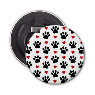 Pattern Of Paws, Dog Paws, Black Paws, Red Hearts Bottle Opener
