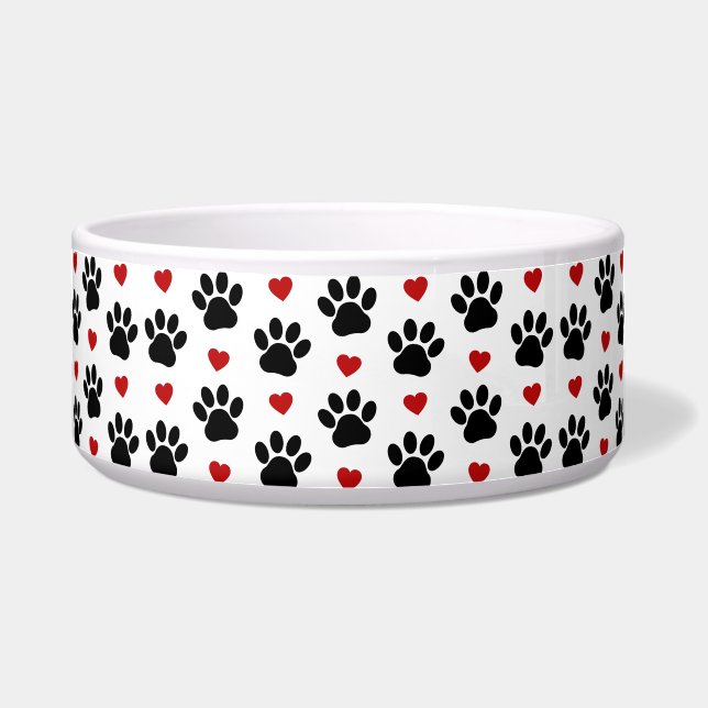 Pattern Of Paws, Dog Paws, Black Paws, Red Hearts Bowl (Front)