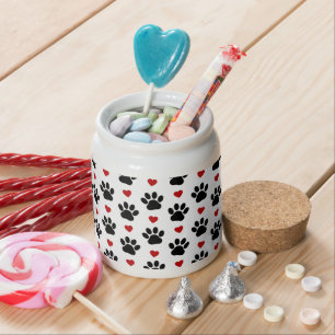 Pattern Of Paws, Dog Paws, Black Paws, Red Hearts Candy Jar