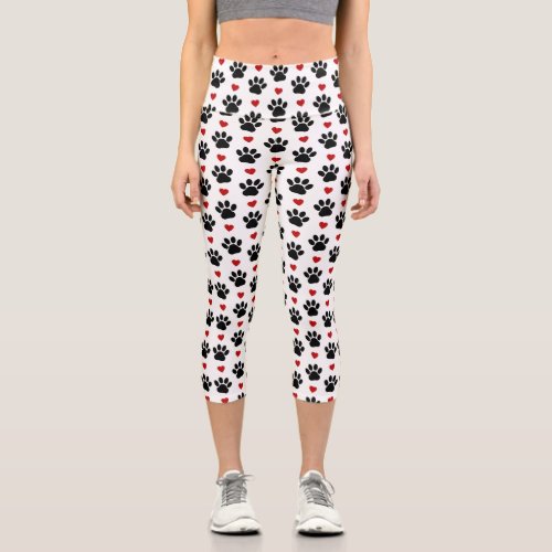 Pattern Of Paws Dog Paws Black Paws Red Hearts Capri Leggings