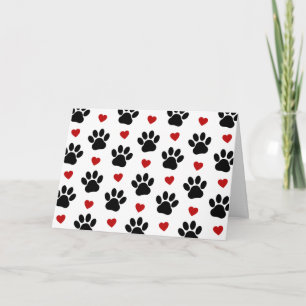 Pattern Of Paws, Dog Paws, Black Paws, Red Hearts Card