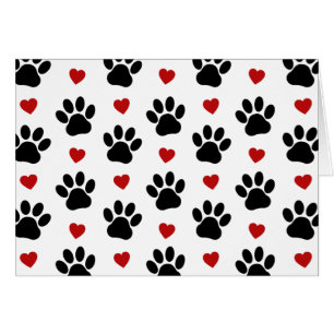 Pattern Of Paws, Dog Paws, Black Paws, Red Hearts Cards