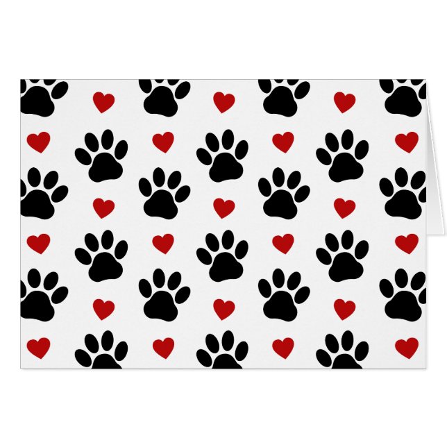 Pattern Of Paws, Dog Paws, Black Paws, Red Hearts Cards (Front Horizontal)