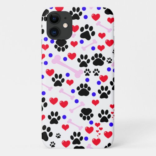 Pattern Of Paws Dog Paws Black Paws Red Hearts iPhone 11 Case