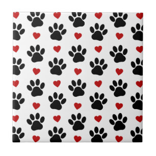 Pattern Of Paws, Dog Paws, Black Paws, Red Hearts Ceramic Tile