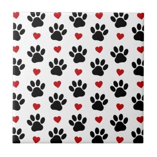 Pattern Of Paws Dog Paws Black Paws Red Hearts Ceramic Tile