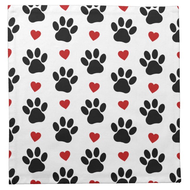 Pattern Of Paws, Dog Paws, Black Paws, Red Hearts Cloth Napkin (Front)
