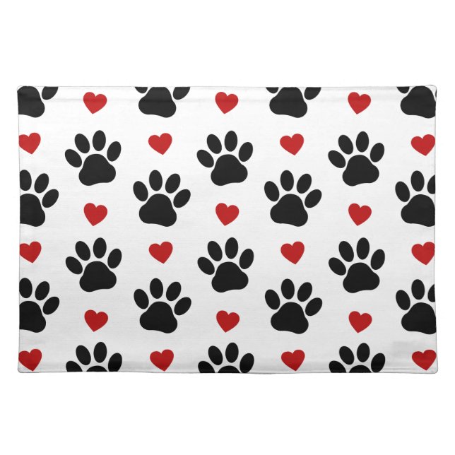Pattern Of Paws, Dog Paws, Black Paws, Red Hearts Cloth Placemat (Front)