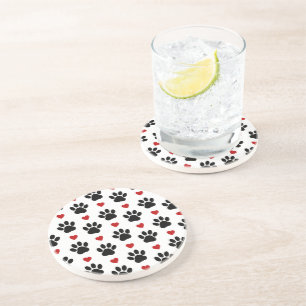 Pattern Of Paws, Dog Paws, Black Paws, Red Hearts Coaster