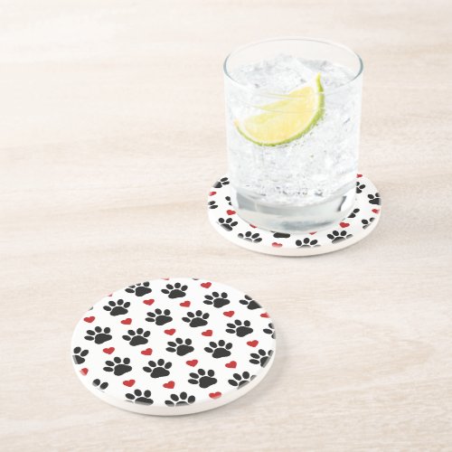 Pattern Of Paws Dog Paws Black Paws Red Hearts Coaster