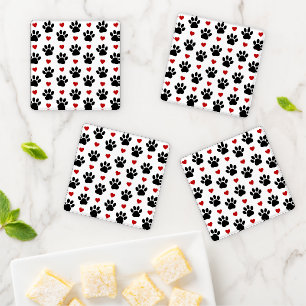 Pattern Of Paws, Dog Paws, Black Paws, Red Hearts Coaster Set
